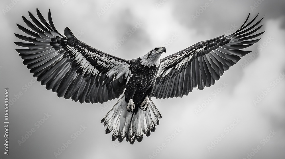 Fototapeta premium Majestic Eagle in Flight: A Dramatic Black and White Composition