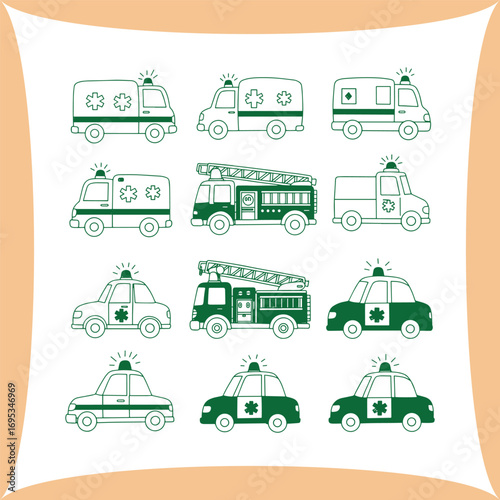 Emergency Vehicles Pattern Featuring Ambulances Fire Trucks and Police Cars.