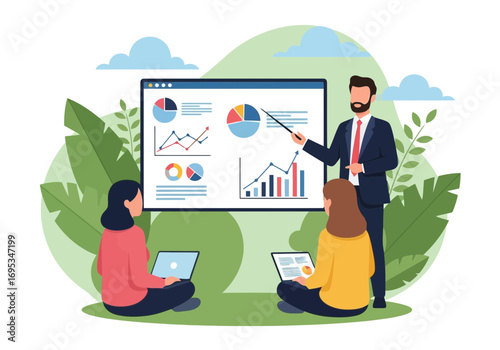 Vector art of business presentation with charts and graphs on a large screen, led by a presenter to an audience with laptops, surrounded by nature elements
