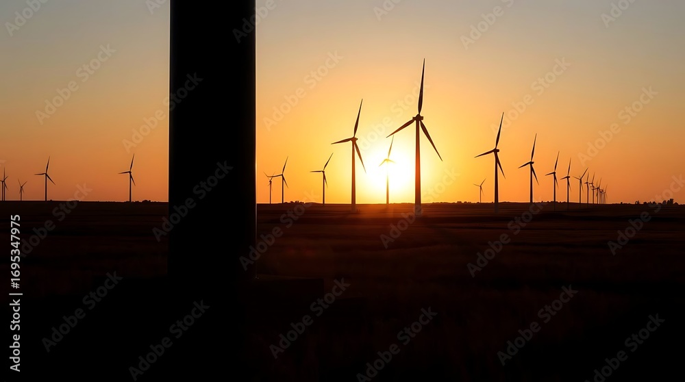 Obraz premium Serene wind farm at sunset generating clean energy with a golden glow, ideal for sustainability campaigns