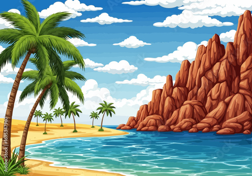 Vector art of pixel art tropical beach with palm trees, rocky cliffs, and turquoise ocean under a blue sky with clouds