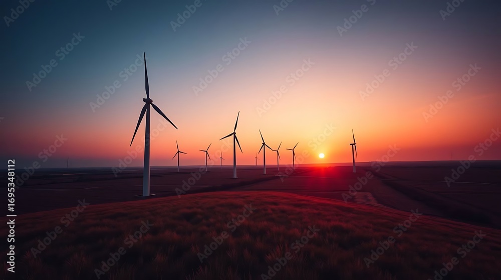 Obraz premium Stunning sunset over wind farm landscape creates powerful renewable energy visual for sustainable campaigns
