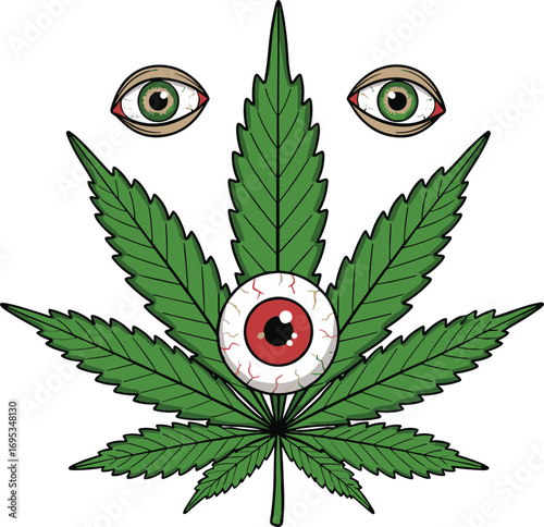 Surreal cannabis leaf with eyeball, psychedelic marijuana art, trippy weed illustration, visionary design, stoner culture vector, abstract eye, hemp leaf artwork, alternative art style