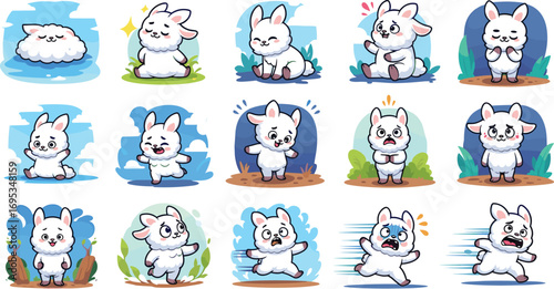 Cartoon white bunny character set, multiple poses and emotions, cute fluffy rabbit design, expressive animal pack, cad drawing flat vector illustration