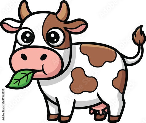 Cartoon cow character, white body with brown patches, green leaf in mouth, cute farm animal design, cad drawing flat vector illustration
