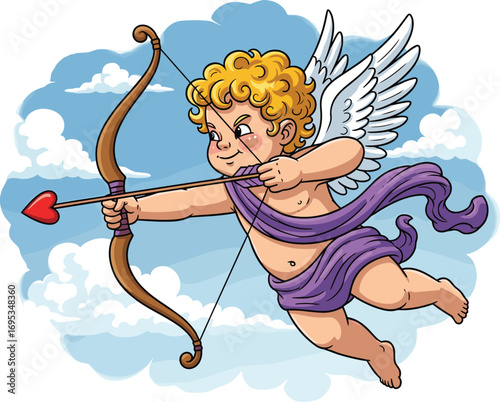 Cartoon Cupid flying, blonde hair, white wings, purple cloth, aiming heart arrow, Valentine’s Day love symbol, cad drawing flat vector illustration