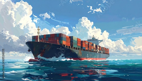 A large cargo ship sailing on a bright day