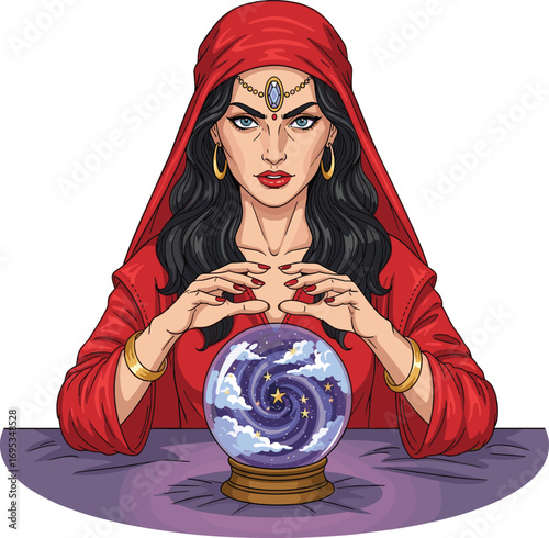 Cartoon fortune teller woman, red robe, gold jewelry, crystal ball with stars, mystical divination scene, cad drawing flat vector illustration