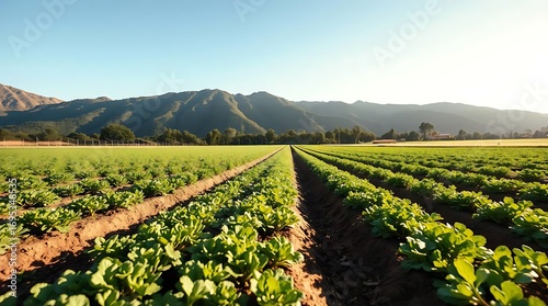 Vibrant green vegetable rows stretch toward majestic mountains under a sunny sky for a fresh, healthy lifestyle