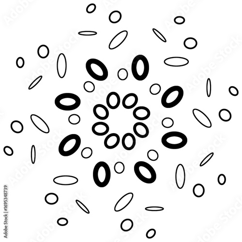 Abstract floral pattern made of black oval shapes arranged in circular symmetry on white background, modern decorative design for wallpaper, fabric, textile, or surface art.