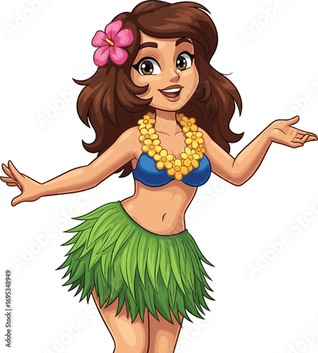 Cartoon Hawaiian hula dancer, blue bikini top, green grass skirt, flower lei, tropical dance pose, cad drawing flat vector illustration
