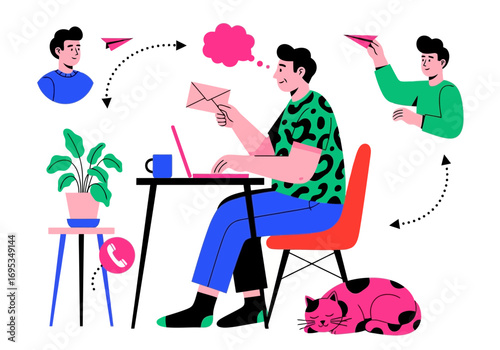 Vector art of man working on laptop at desk with plant and cat, sending email, communication concept