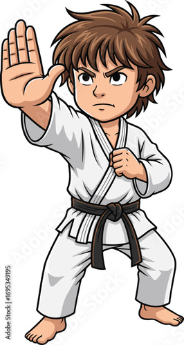 Cartoon martial artist in white karate gi with black belt, defensive stance, focused expression, cad drawing flat vector illustration