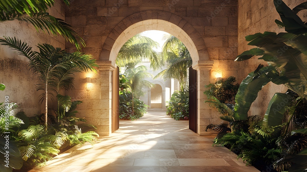 Fototapeta premium Sunlit Stone Archway Hallway Interior. Generative Ai