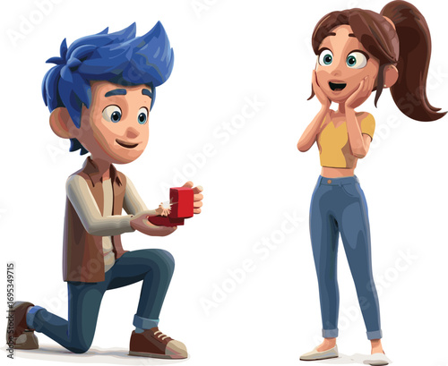 Cartoon man proposing to woman, blue hair, red ring box, surprised happy reaction, romantic love scene, cad drawing flat vector illustration