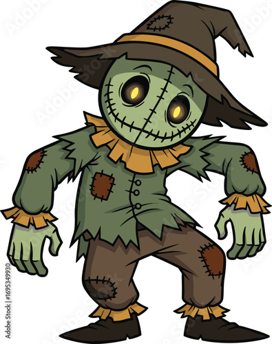 Cartoon spooky scarecrow with glowing eyes, tattered clothes, creepy Halloween character design, horror farm theme, cad drawing flat vector illustration