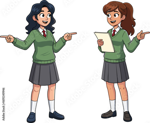 Cartoon two schoolgirls talking, green sweaters, gray skirts, red ties, pointing gesture, student character design, cad drawing flat vector illustration