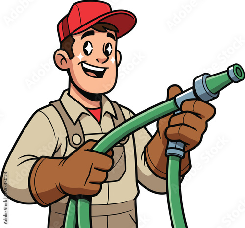Cartoon worker with red cap, beige shirt, brown gloves, holding green hose and nozzle, outdoor job scene, cad drawing flat vector illustration