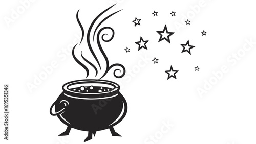 Halloween magic cauldron with bubbling elixir and stars silhouette illustration