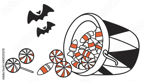 Halloween candy bucket spilling sweet corn and lollipops with bats silhouette