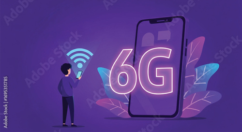 A vibrant, modern illustration depicting a person using a smartphone, highlighting the concept of 6G technology. EPS Vector