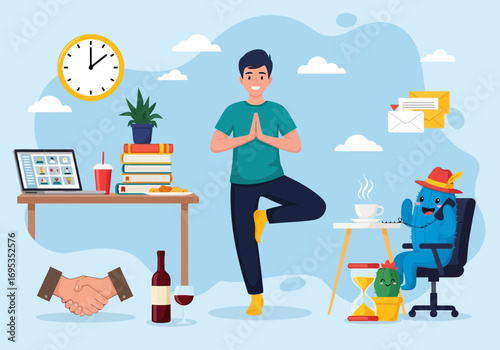 Vector art of man doing yoga in office with laptop, wine, and shaking hands, representing worklife balance and relaxation