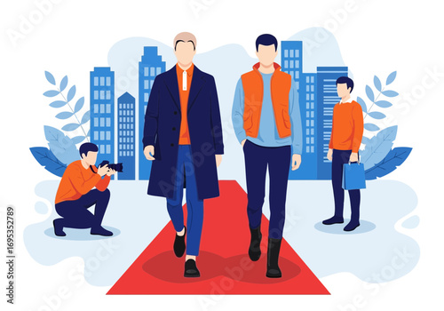 Vector art of fashion models walking on a red carpet with a photographer, showcasing a runway show and haute couture in a city