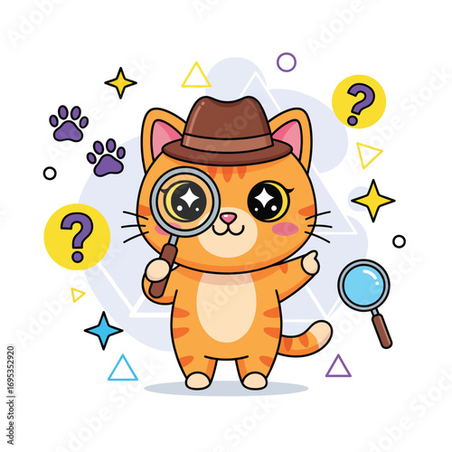 Cute Detective Character with Geometric Elements Investigating - A Fun Illustration