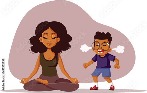 Mother Keeping Calm in front of Son Screaming Vector Illustration. Mom not losing her composure when her kid yells and throws a tantrum   
