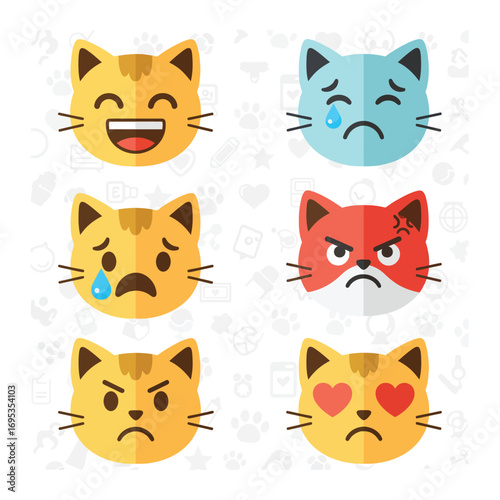 Expressive cute cat character faces in a simple geometric style, a colorful collection of feline emoticons for digital communication