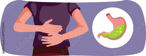 Sick Person Holding Tummy from Acid Reflux Condition Vector Illustration. Patient in pain feeling sore from gastrointestinal disease symptoms 