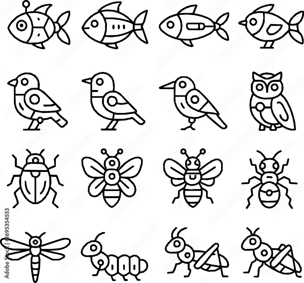 Fototapeta premium Robot Animal Vector Icon Set – Fish, Birds and Insects