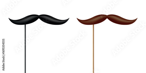 Vector 3d Realistic Black and Brown Mustache Prop on Stick, Isolated. Simple Mustache for Party, Photo Booth, Masquerade, Costume, Funny Carnival, Cosplay, Hipster Style