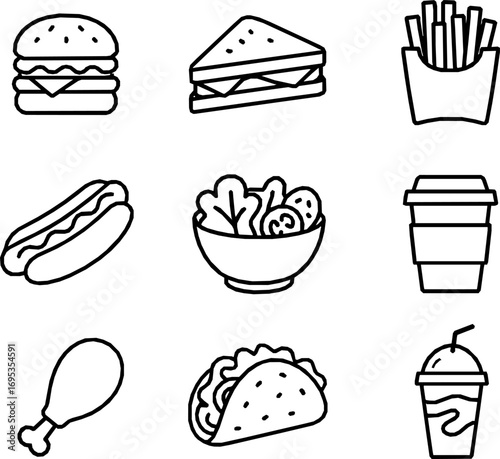 Fast Food Vector Icon Set – Minimal Monoline Style