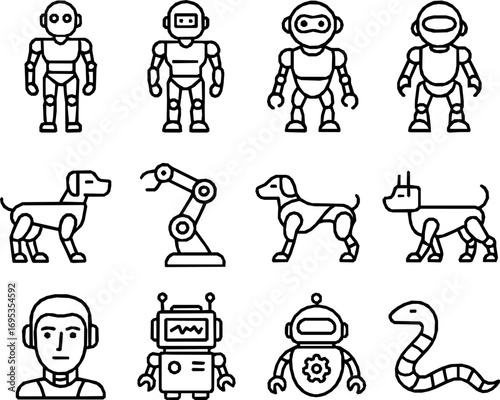 Humanoid and Animal Robots Vector Icon Set – Minimal Monoline Style
