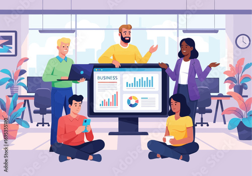 Vector art of a team of diverse professionals in a modern office, gathered around a large computer screen displaying business analytics and charts