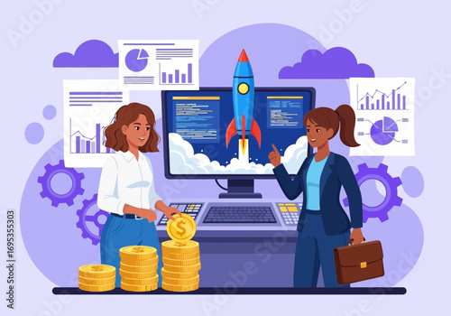 Vector art of two women in a creative office setting, one holding coins and the other a briefcase, with a computer displaying a rocket launch and financial charts