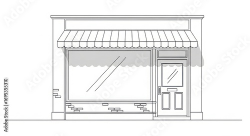 Illustration of a storefront with awning, large window, and door in a simple line drawing style