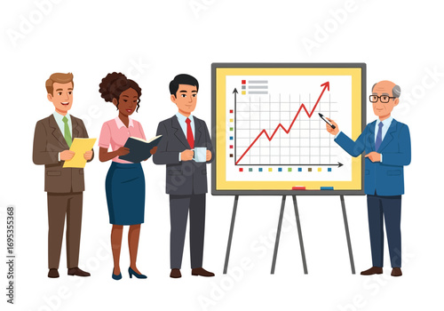 Vector art of diverse business team presenting a financial growth chart on a whiteboard during a meeting, highlighting progress and teamwork