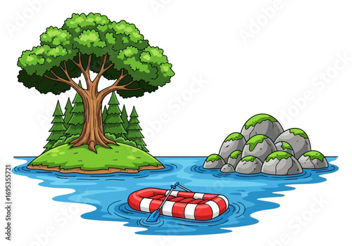 Vector art of a life preserver floats in the water near a small island with a tree and a cluster of rocks