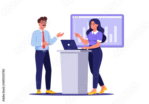 Vector art of a man and a woman stand at a podium with a laptop, presenting data on a screen with a bar graph, in a business meeting