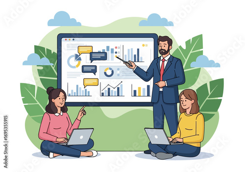 Vector art of business man presenting financial data on a large screen to two attentive female colleagues with laptops