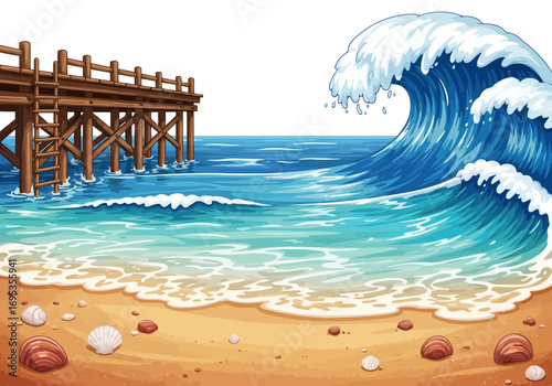 Vector art of a large ocean wave crashes onto a sandy beach with a wooden pier in the background, creating a dynamic seascape