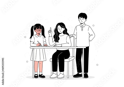 Vector art of a young girl is sitting at a desk and writing, while a woman sits next to her and a man stands behind them