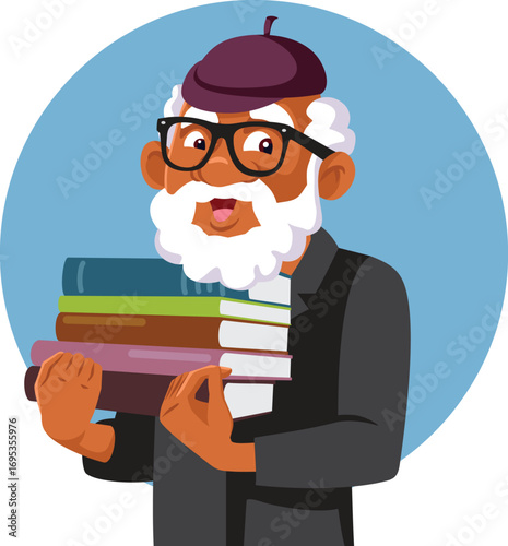 Elderly Professor of African Ethnicity Holding Books Vector Character. Mature teacher showing textbooks being positive about the examination