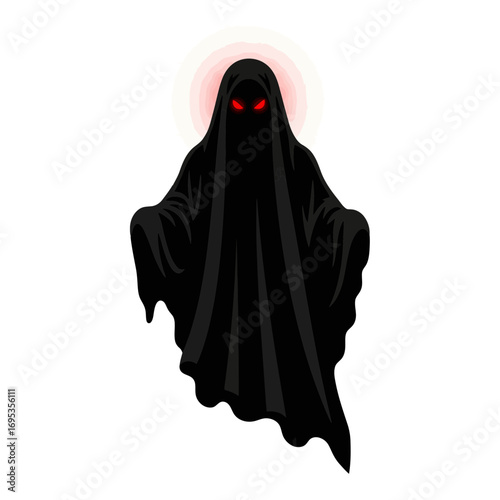 Menacing black ghost with glowing red eyes and halo