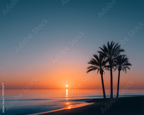 Serene sunset with four palm trees silhouetted against a vibrant golden sky over a calm ocean beach.
