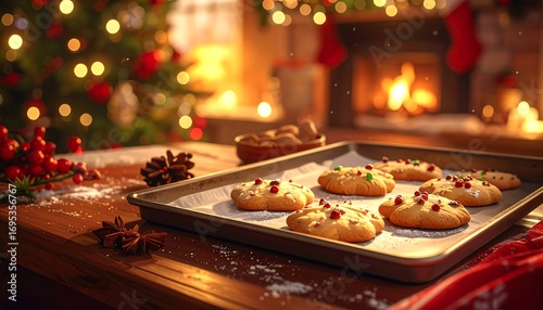 Christmas cookies on a baking sheet near a fireplace