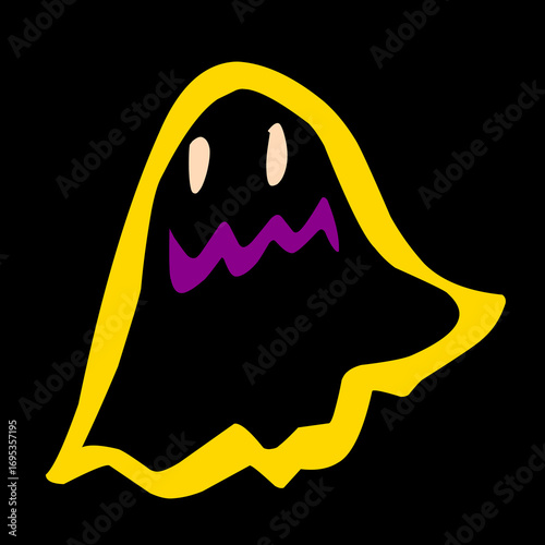 Handdrawn Flat Spooky Ghost with Yellow Outline and Purple Mouth Illustration