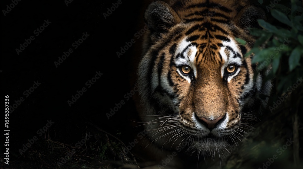 Fototapeta premium Tiger emerging dense jungle shadows powerful wildlife predator portrait highlighting strength stealth and wilderness